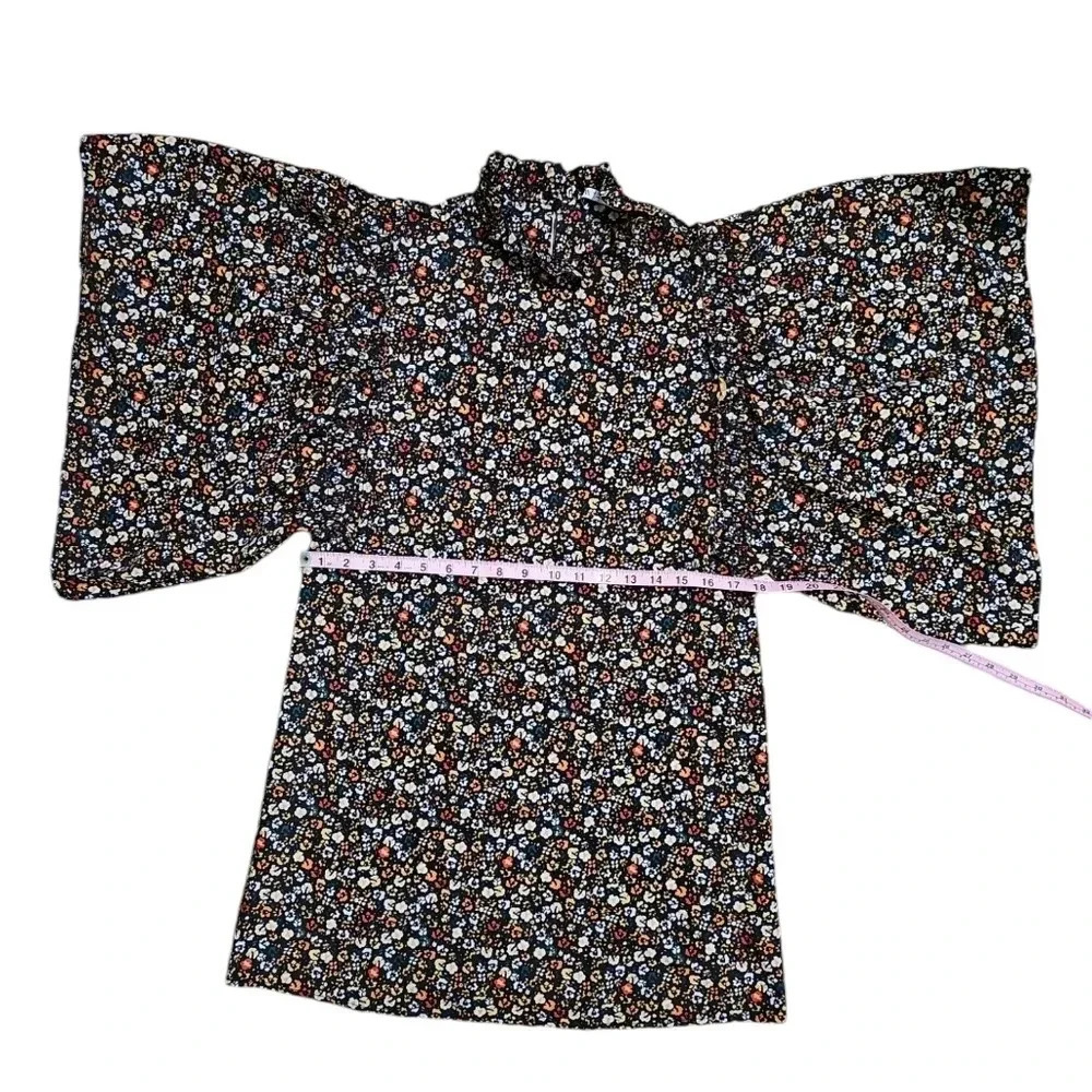 Zara Black Floral Mini Dress Bell Sleeves Ruffle Neck Cottagecore Boho Size S - Picture 6 of 7